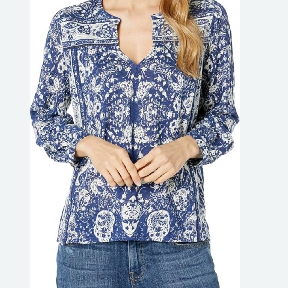 Lucky Brand Size XS Navy White Embroidered Lace Boho Peasant Blouse Top